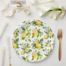 Prato De Papel Padrão de limão, flores de limão, folhas, citrinos