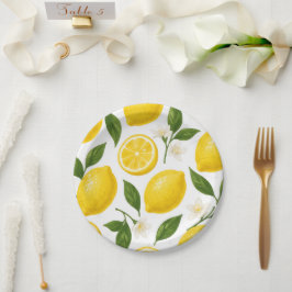 Prato De Papel Padrão de Limão Fresco com Folhas e Flores