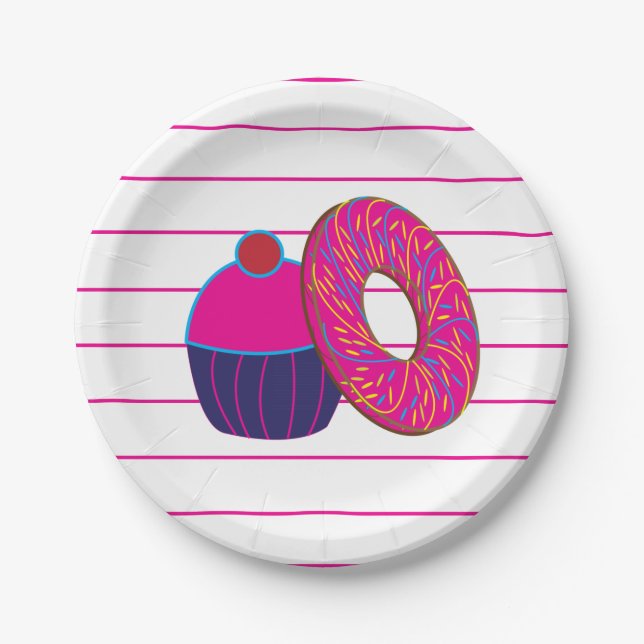 Prato De Papel Padrão de Listra Rosa Cupcake Donut (Frente)