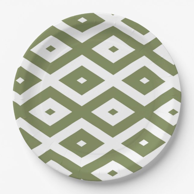 Prato De Papel Padrão de losango verde-oliva e branco (Frente)