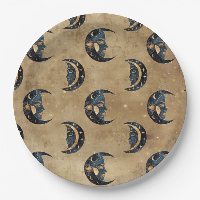 Prato De Papel Padrão de Lua e Estrela da Astrologia Vintage (Frente)