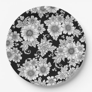 Prato De Papel Padrão de Luxo Floral Monocromático Chic (2)