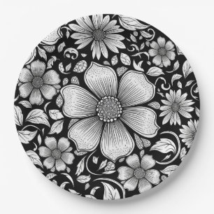 Prato De Papel Padrão de Luxo Floral Monocromático Chic (6)
