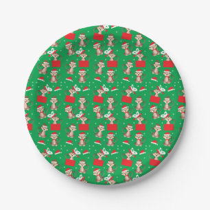 Prato De Papel Padrão de Macaco Feliz Natal Chapéu do Papai Noel