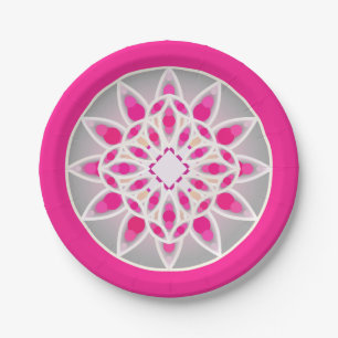 Prato De Papel Padrão de Mandala em cor rosa, branco e cinza fuch