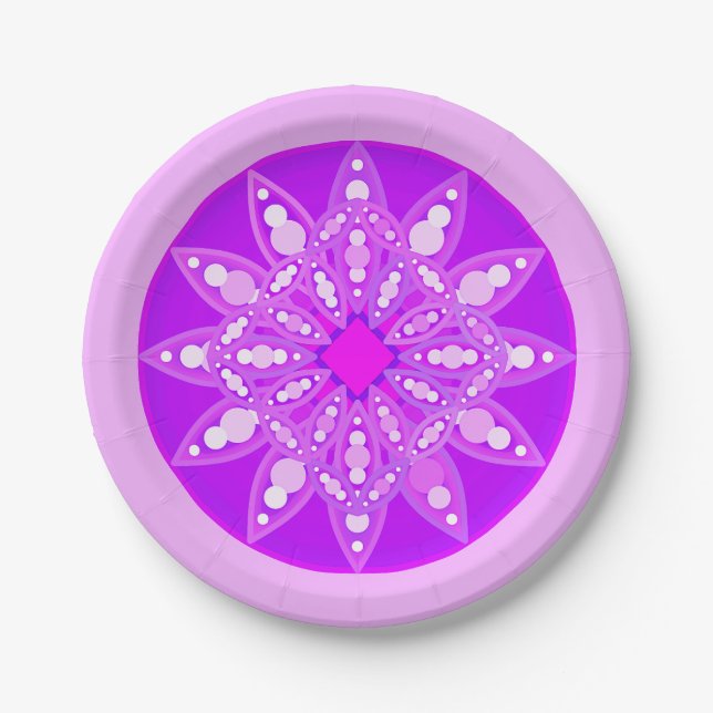 Prato De Papel padrão de mandala em violeta, orquídea e rosa (Frente)
