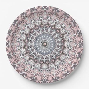 Prato De Papel Padrão de Mandala Rosa Cinza e Branco