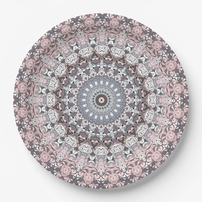 Prato De Papel Padrão de Mandala Rosa Cinza e Branco (Frente)