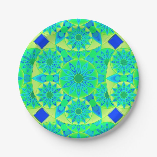 Prato De Papel Padrão de Mandala, turquesa, azul, verde limão (Frente)