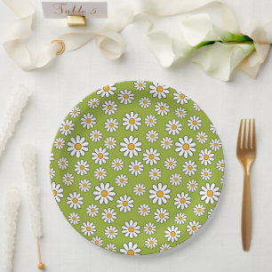 Prato De Papel Padrão de Margarida Floral Verde e Branco