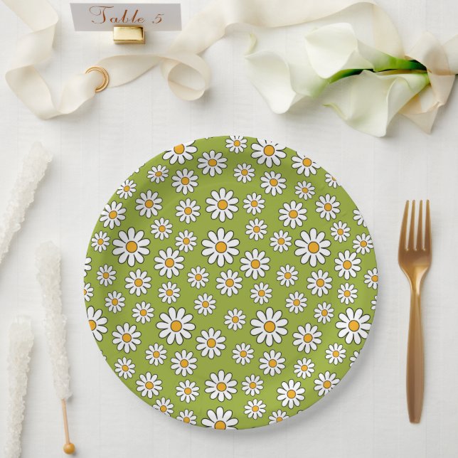 Prato De Papel Padrão de Margarida Floral Verde e Branco (Casamento)