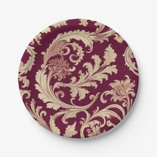 Prato De Papel Padrão de Maroon e Beige Vintage