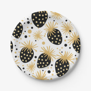 Prato De Papel Padrão de Morango Preto e Dourado
