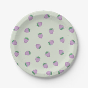 Prato De Papel Padrão de Morango Roxo em Fundo Verde