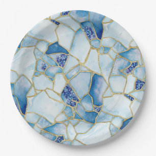 Prato De Papel Padrão de Mosaico de Vidro do Mar em Aquarela Azul