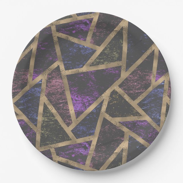 Prato De Papel Padrão de mosaico roxo e ouro (Frente)