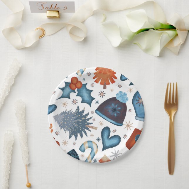 Prato De Papel Padrão de Natal da Aquarela Festiva (Casamento)