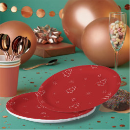 Prato De Papel Padrão de Natal Vermelho.Árvores festivas e flocos
