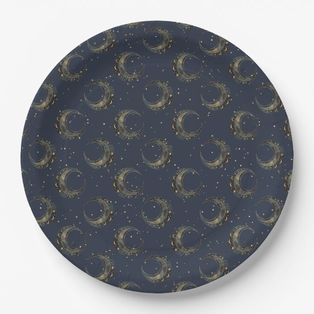Prato De Papel Padrão de Noite Estrelada com Lua Celestial Dourad (Frente)