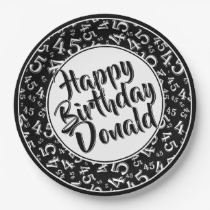 Prato De Papel Padrão de Número de Aniversário de 45 anos Preto/B