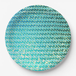 Prato De Papel Padrão de Ondas de Sereia do Oceano Azul Teal Spar