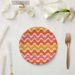 Prato De Papel Padrão de Ondas em Estilo Retrô em rosa, laranja e