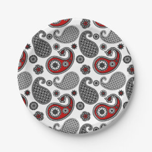 Prato De Papel Padrão de Paisley, Preto, Branco e Vermelho