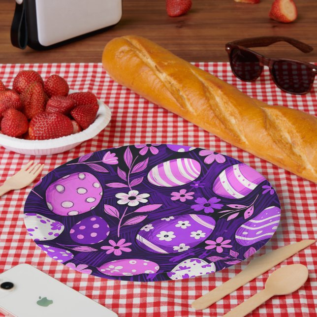 Prato De Papel Padrão de Páscoa Gótico Roxo (Piquenique)