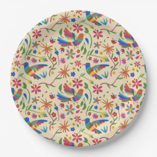 Prato De Papel Padrão de pássaro e flores coloridas Otomi verão f