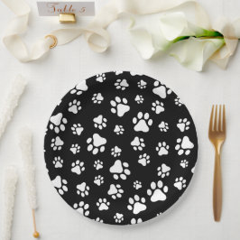 Prato De Papel Padrão de patas, impressões de pata, preto e branc