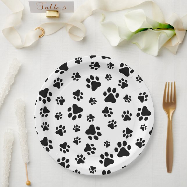 Prato De Papel Padrão De Patas, Patas Cachorros, Preto e Branco (Casamento)