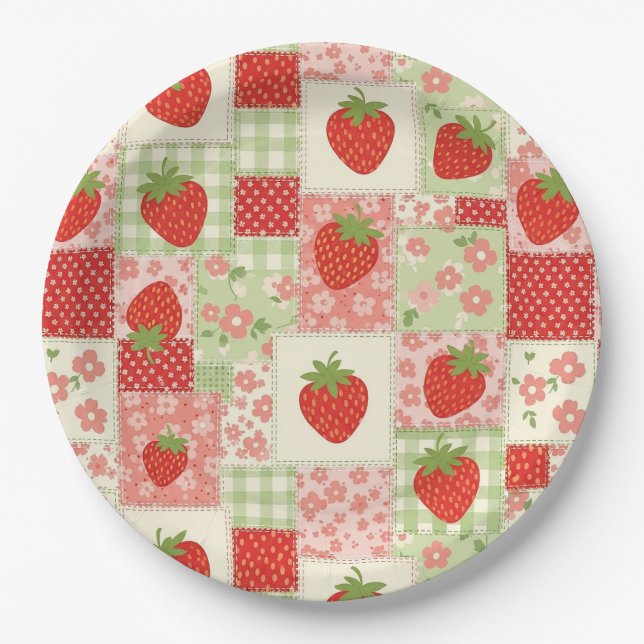 Prato De Papel Padrão de Patchwork de Piquenique de Morango Vinta (Frente)