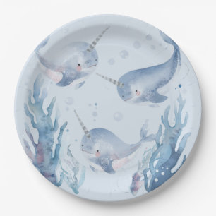 Prato De Papel Padrão de peixe Narval Fofo Aquarela Sob o Mar