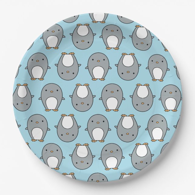 Prato De Papel Padrão de Pinguim Azul Bebê (Frente)