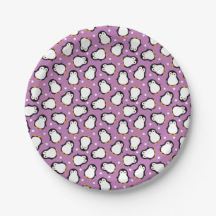 Prato De Papel Padrão de pinguim fofo Padrão roxo