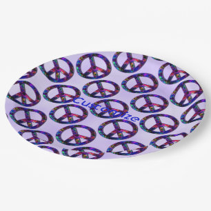Prato De Papel Padrão de Placas Lavanda com Símbolo de Paz Colori