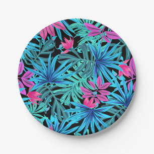 Prato De Papel Padrão de Planta Tropical Rosa Neon e Azul