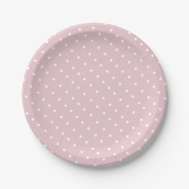 Prato De Papel Padrão de Pontos Simples Branco e Rosa Bege (Frente)