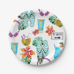 Prato De Papel Padrão de Praia Tropical Moderna de Aquarela