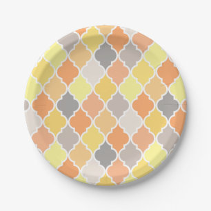 Prato De Papel Padrão de quatrefoil amarelo, laranja e cinza