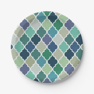 Prato De Papel Padrão de quatrefoil azul, verde e turquesa