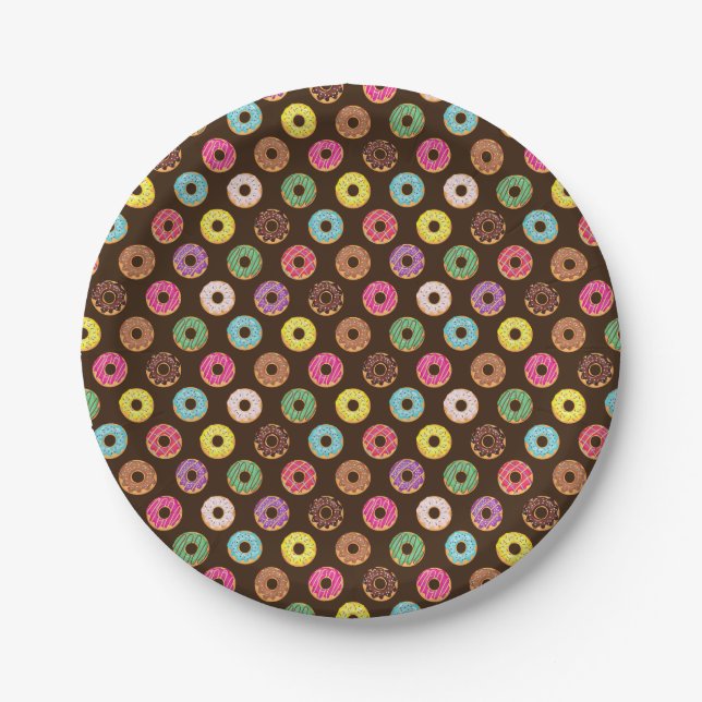 Prato De Papel Padrão De Rosquinha Colorida No Chocolate (Frente)
