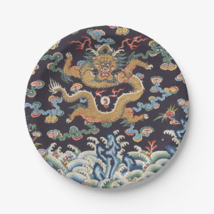 Prato De Papel Padrão de Seda Oriental do Dragão Chinês Vintage