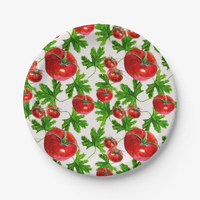 Prato De Papel Padrão de Tomate com Folhas (Frente)