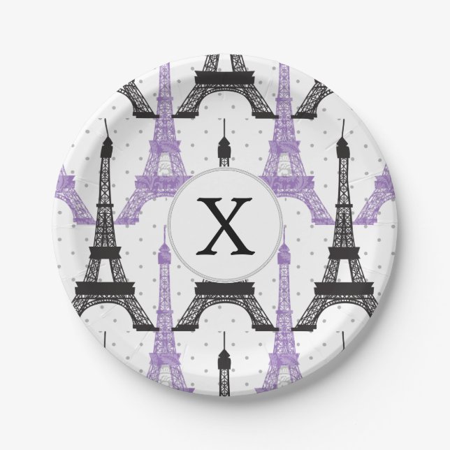 Prato De Papel Padrão de torre Eiffel em chic roxo monograma (Frente)