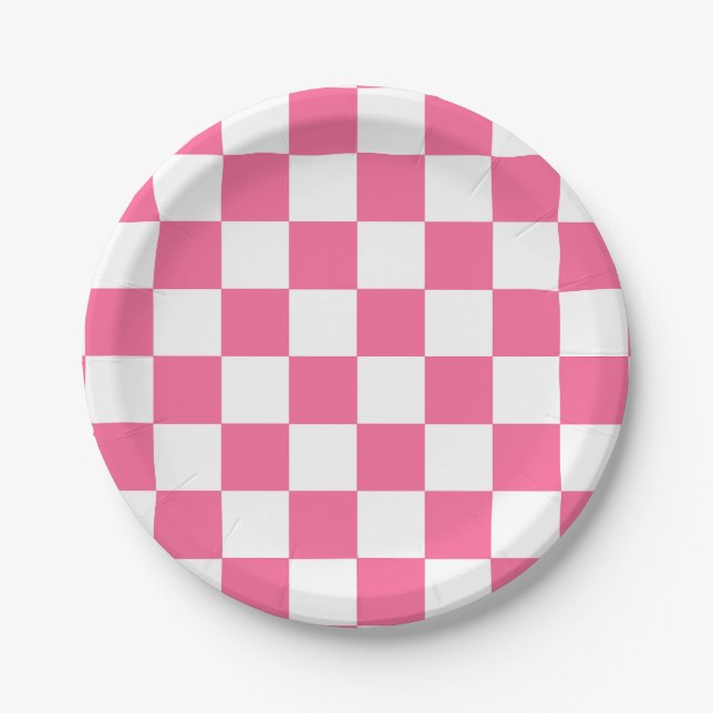 Prato De Papel Padrão de Verificação Branco Cor-de-Rosa (Frente)