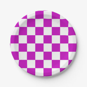 Prato De Papel Padrão de Verificação Branco Roxo
