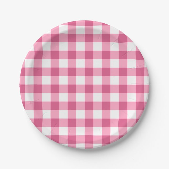 Prato De Papel Padrão De Verificação De Gingham, Rosa E Branco (Frente)