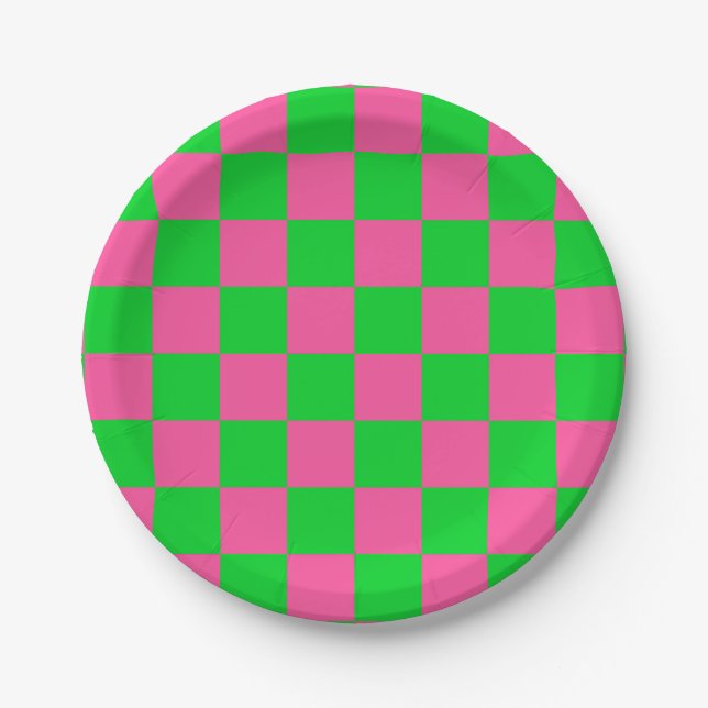 Prato De Papel Padrão de Verificação Verde Cor-de-Rosa (Frente)