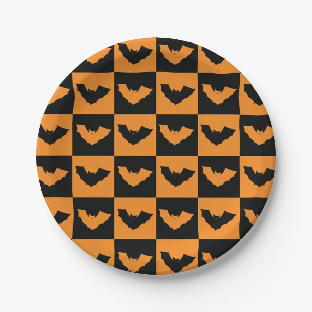 Prato De Papel Padrão de Verificadores de Halloween com Bats (Frente)